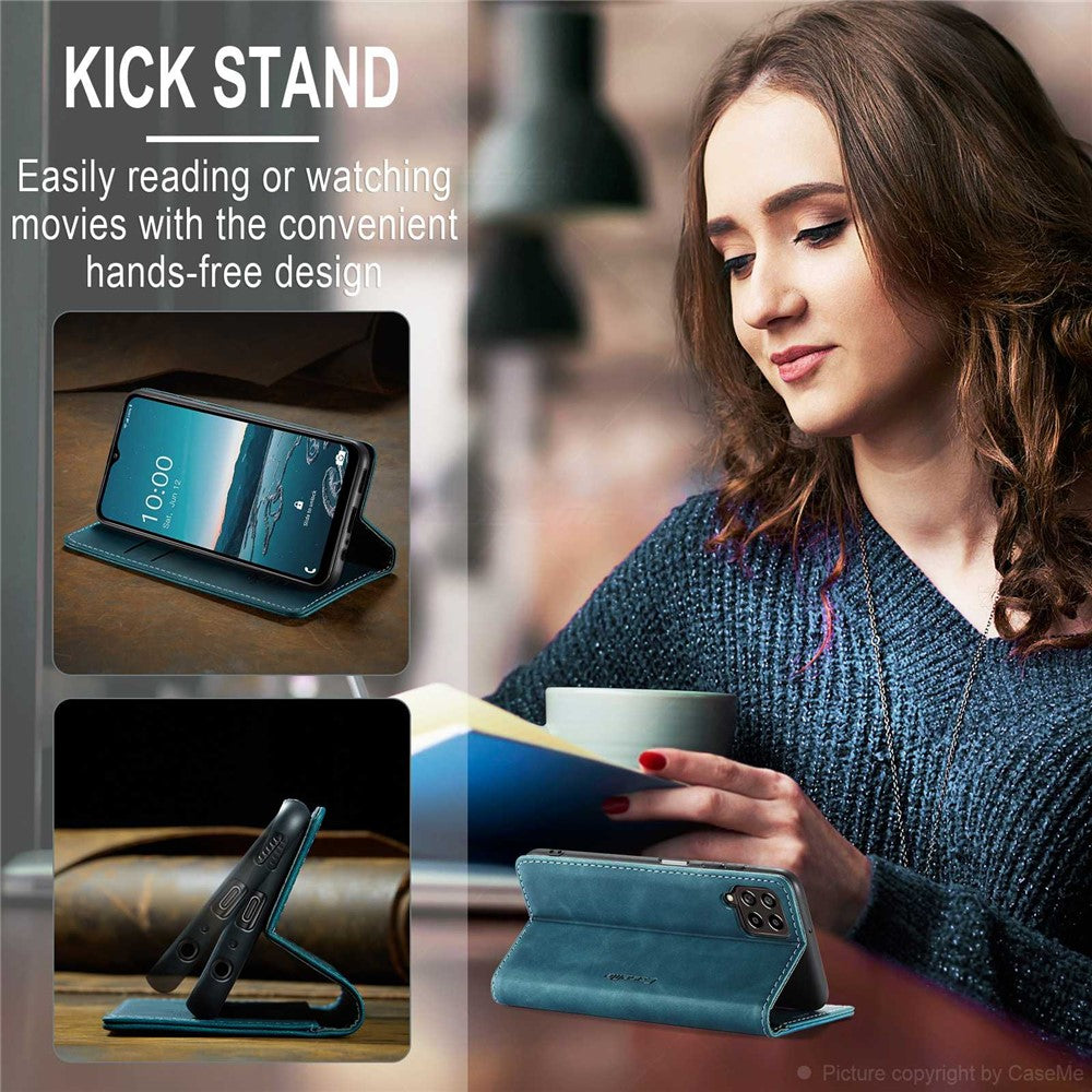 CASEME 013 Series Slim Phone Case for Samsung Galaxy M33 5G (Global Version) Shockproof PU Leather Wallet Foldable Stand Phone Cover - Blue