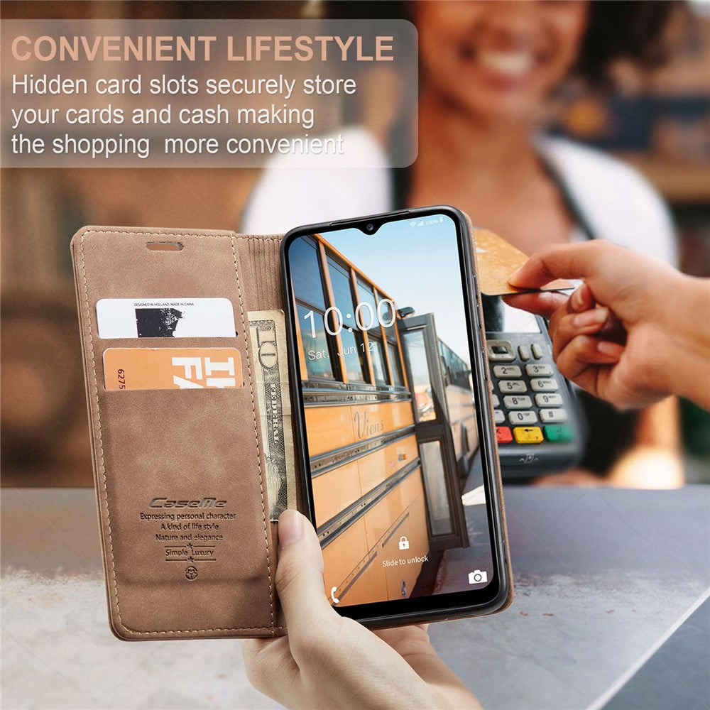 CASEME 013 Series Slim Phone Case for Samsung Galaxy M33 5G (Global Version) Shockproof PU Leather Wallet Foldable Stand Phone Cover - Brown