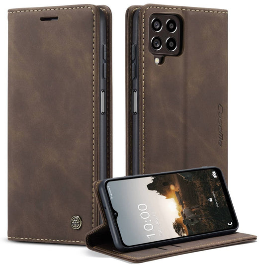 CASEME 013 Series Slim Phone Case for Samsung Galaxy M33 5G (Global Version) Shockproof PU Leather Wallet Foldable Stand Phone Cover - Coffee