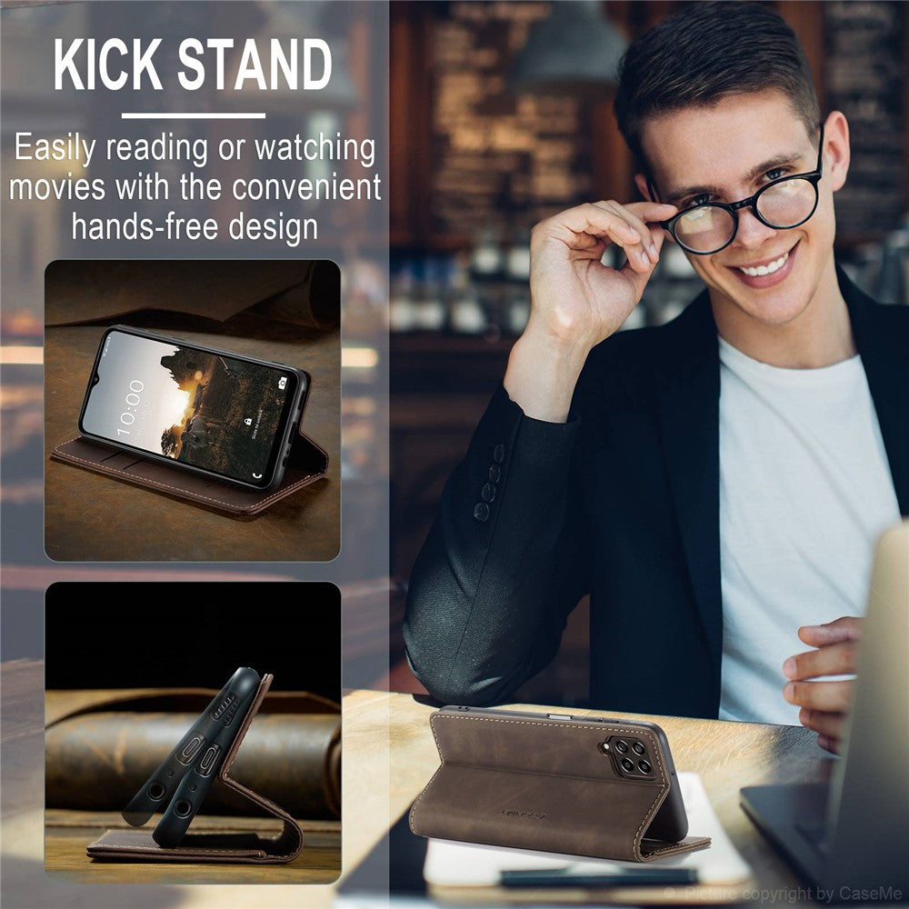 CASEME 013 Series Slim Phone Case for Samsung Galaxy M33 5G (Global Version) Shockproof PU Leather Wallet Foldable Stand Phone Cover - Coffee