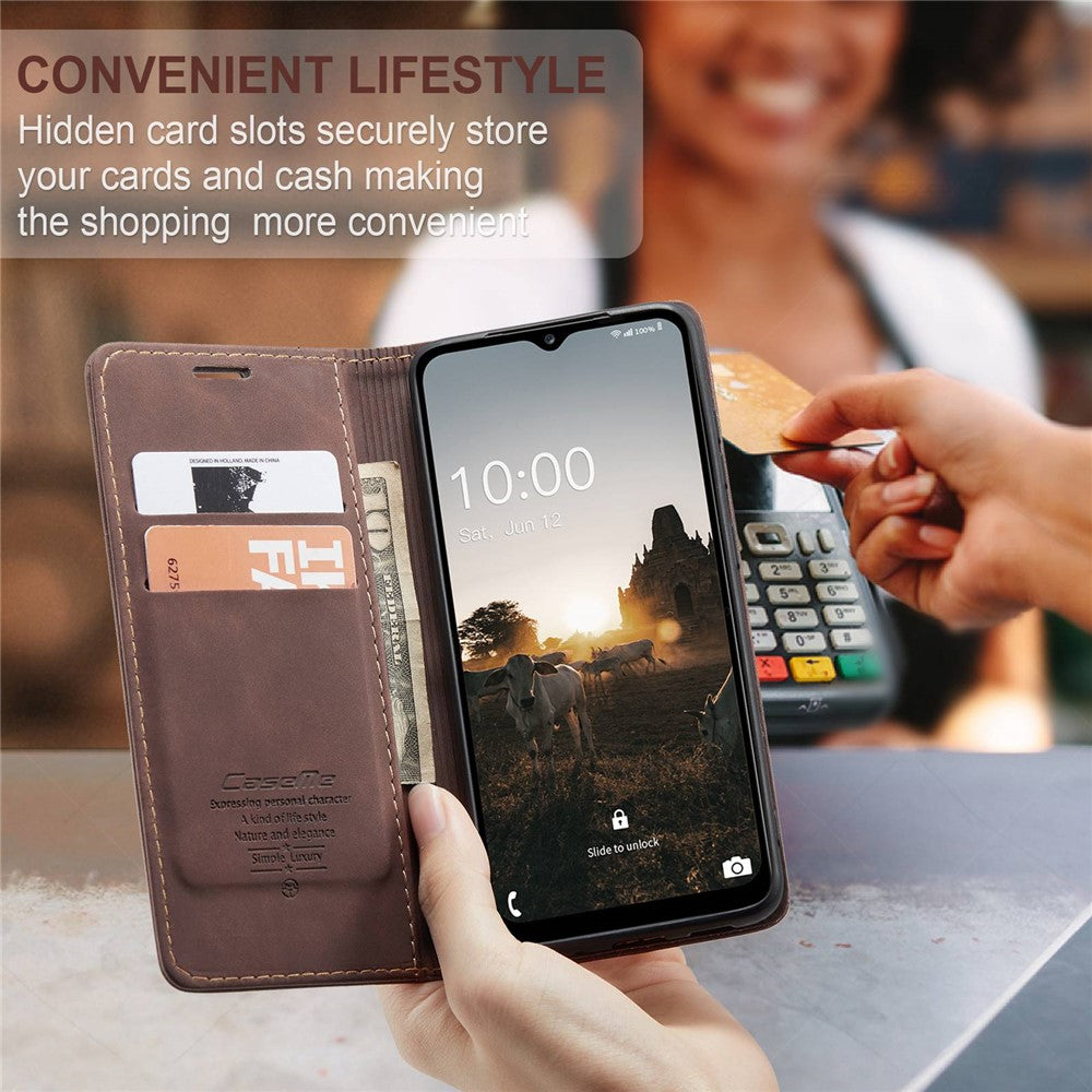 CASEME 013 Series Slim Phone Case for Samsung Galaxy M33 5G (Global Version) Shockproof PU Leather Wallet Foldable Stand Phone Cover - Coffee