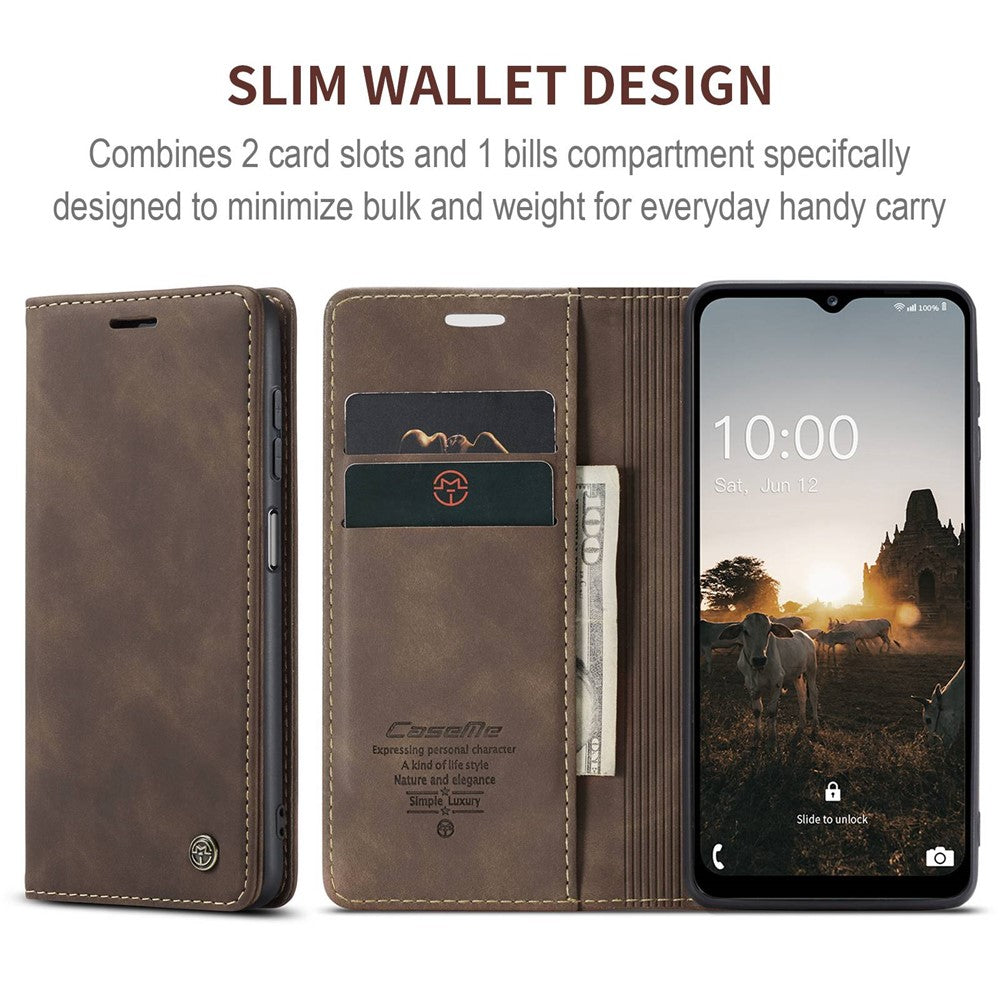 CASEME 013 Series Slim Phone Case for Samsung Galaxy M33 5G (Global Version) Shockproof PU Leather Wallet Foldable Stand Phone Cover - Coffee