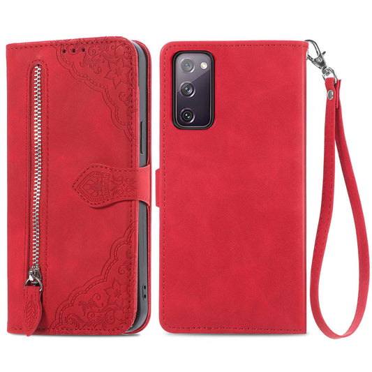 For Samsung Galaxy S20 FE 2022/4G/5G/S20 Lite Zipper Pocket Design Imprinted Leather Phone Case Stand Wallet Style Magnetic Cover with Strap - Red