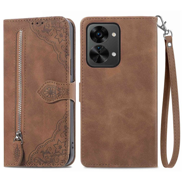 For OnePlus Nord 2T 5G Imprinted Leather Anti-fall Magnetic Phone Case Zipper Pocket Design Wallet Anti-scratch Shell with Stand - Brown