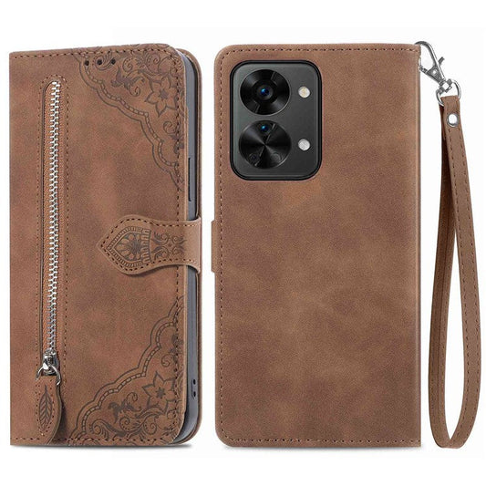 For OnePlus Nord 2T 5G Imprinted Leather Anti-fall Magnetic Phone Case Zipper Pocket Design Wallet Anti-scratch Shell with Stand - Brown