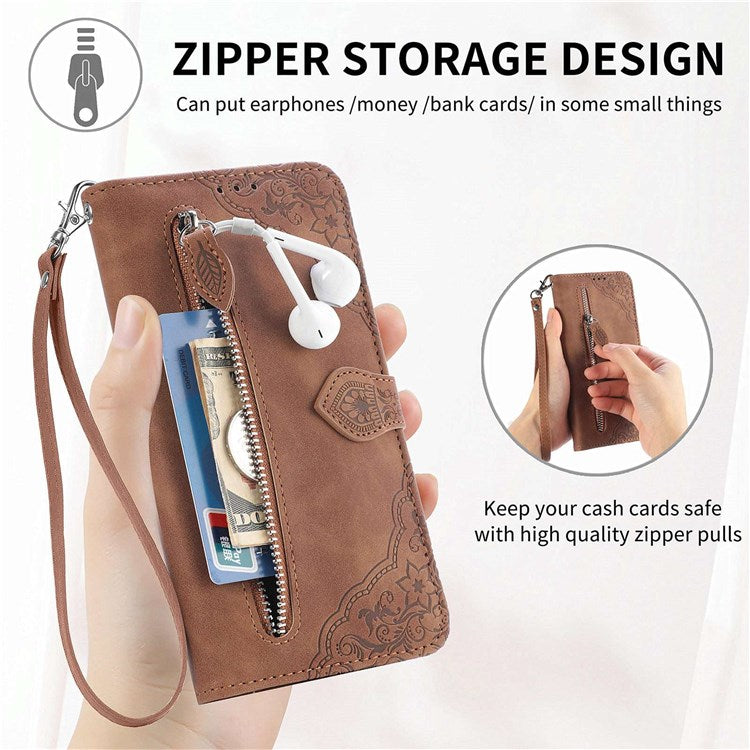 For OnePlus Nord 2T 5G Imprinted Leather Anti-fall Magnetic Phone Case Zipper Pocket Design Wallet Anti-scratch Shell with Stand - Brown