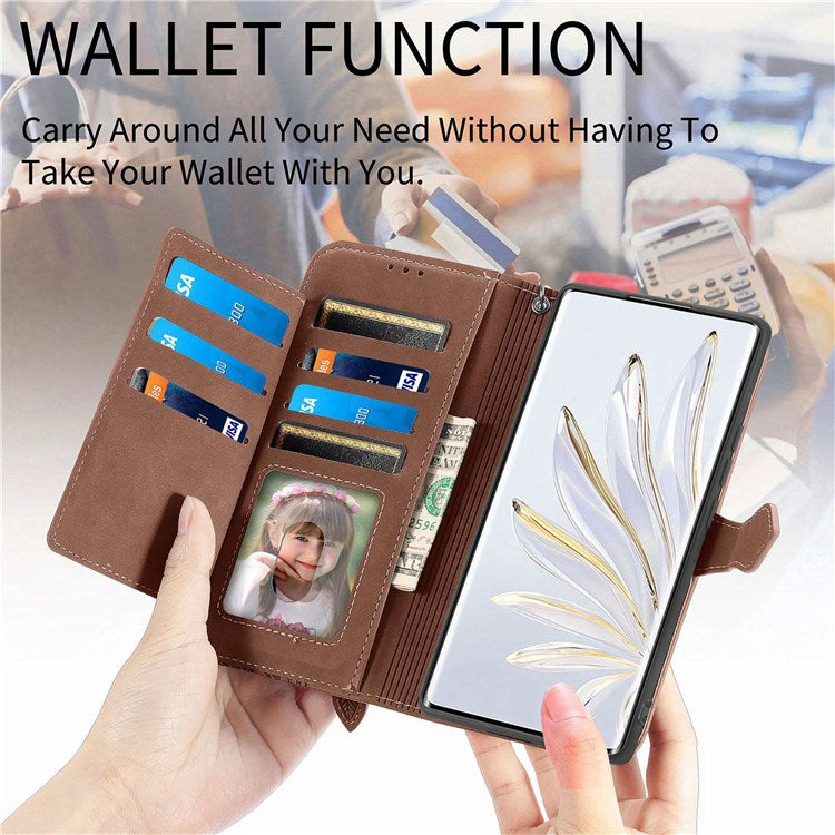 For OnePlus Nord 2T 5G Imprinted Leather Anti-fall Magnetic Phone Case Zipper Pocket Design Wallet Anti-scratch Shell with Stand - Brown