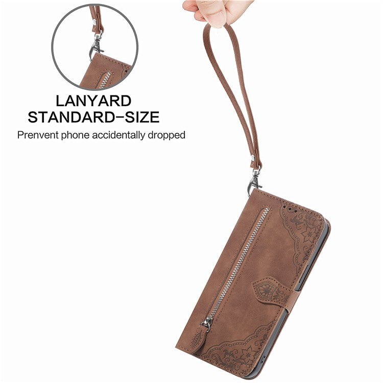 For OnePlus Nord 2T 5G Imprinted Leather Anti-fall Magnetic Phone Case Zipper Pocket Design Wallet Anti-scratch Shell with Stand - Brown