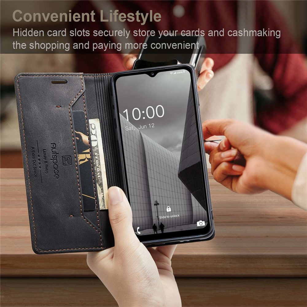 AUTSPACE A01 Series For Samsung Galaxy M53 5G RFID Blocking Matte PU Leather Phone Case Wallet Stand Flip Cover - Black