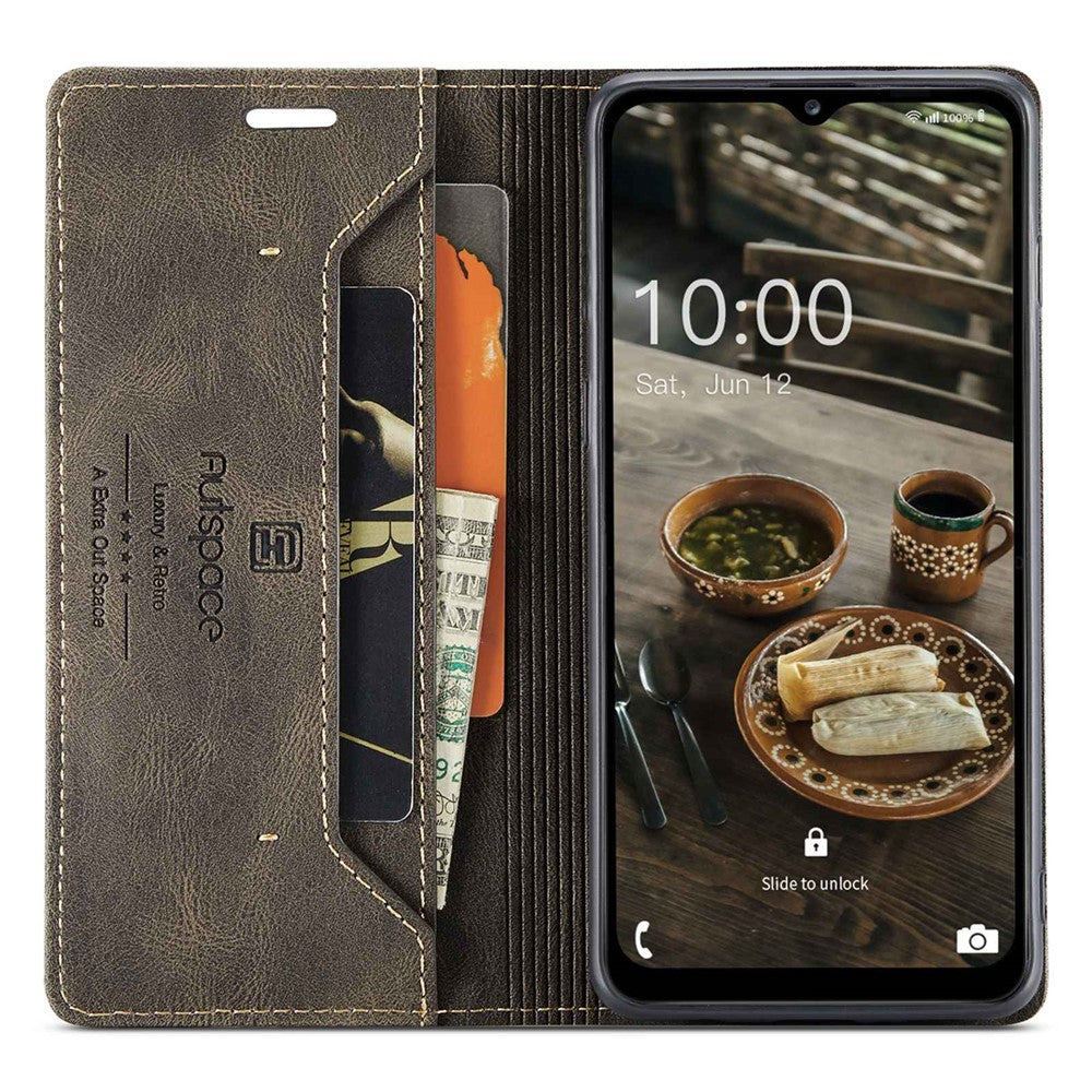 AUTSPACE A01 Series For Samsung Galaxy M53 5G RFID Blocking Matte PU Leather Phone Case Wallet Stand Flip Cover - Coffee