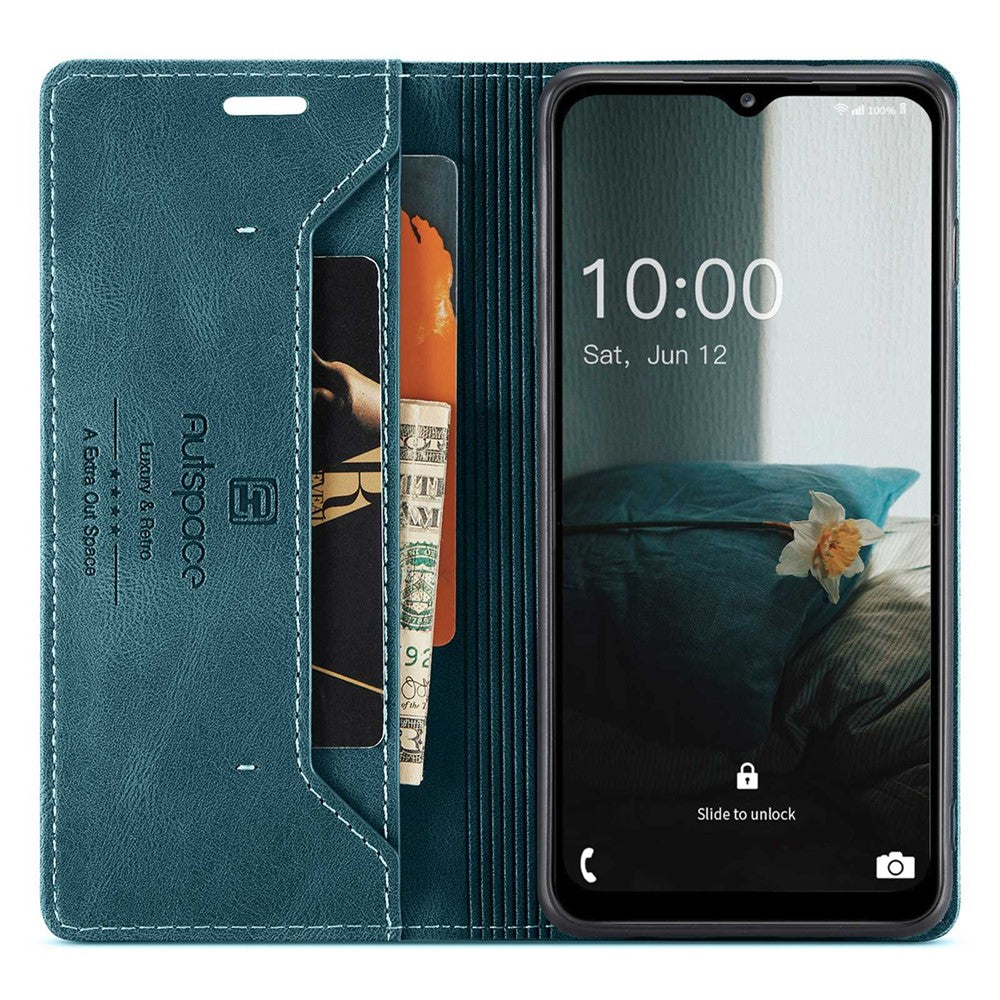 AUTSPACE A01 Series For Samsung Galaxy M53 5G RFID Blocking Matte PU Leather Phone Case Wallet Stand Flip Cover - Blue