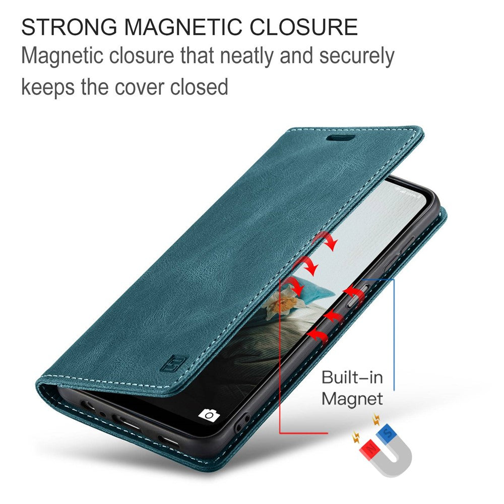 AUTSPACE A01 Series For Samsung Galaxy M53 5G RFID Blocking Matte PU Leather Phone Case Wallet Stand Flip Cover - Blue