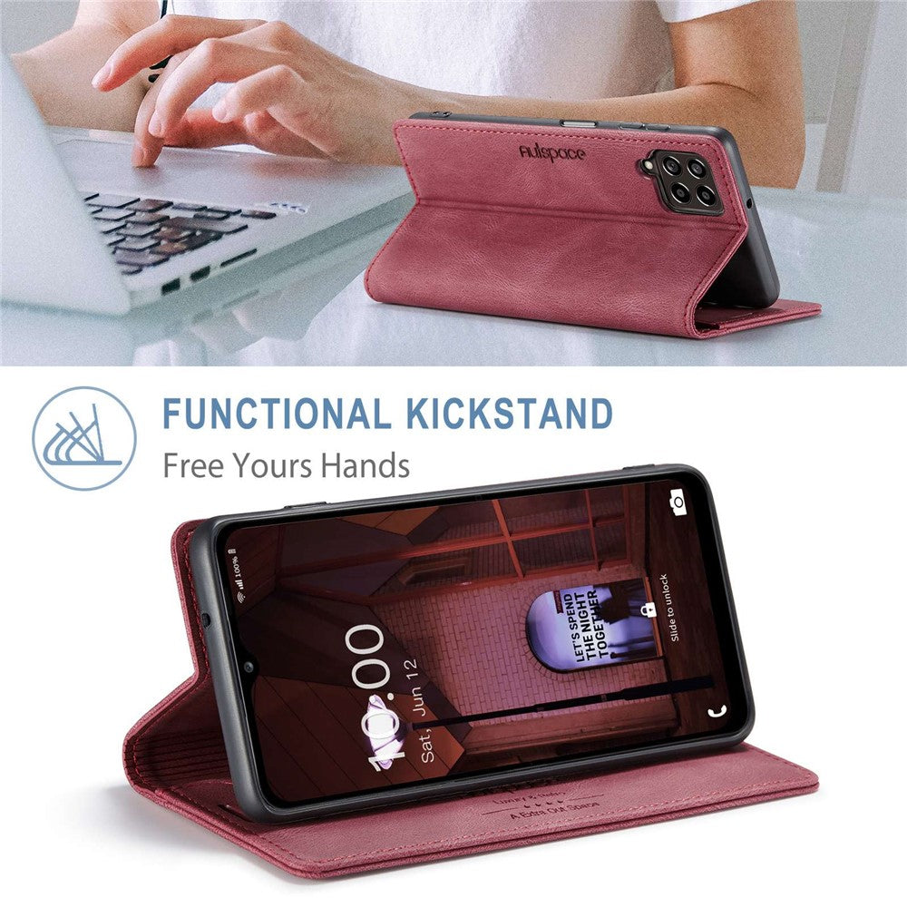 AUTSPACE A01 Series For Samsung Galaxy M53 5G RFID Blocking Matte PU Leather Phone Case Wallet Stand Flip Cover - Red