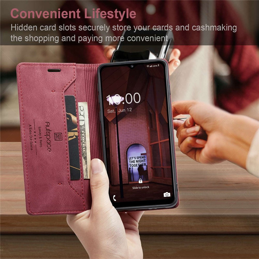 AUTSPACE A01 Series For Samsung Galaxy M53 5G RFID Blocking Matte PU Leather Phone Case Wallet Stand Flip Cover - Red
