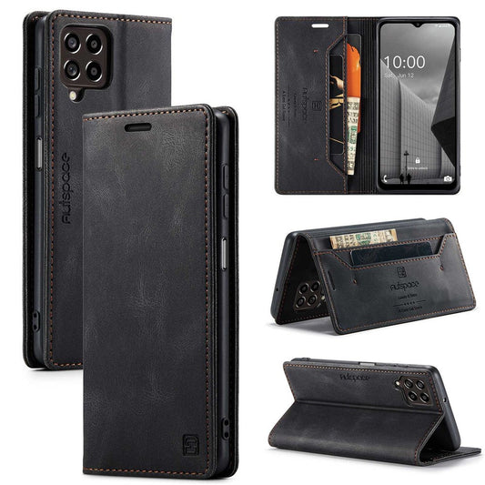 AUTSPACE A01 Series For Samsung Galaxy M33 5G (Global Version) Mobile Phone Case Bag Matte PU Leather+TPU RFID Blocking Magnetic Closure Retro Phone Cover Stand Wallet - Black