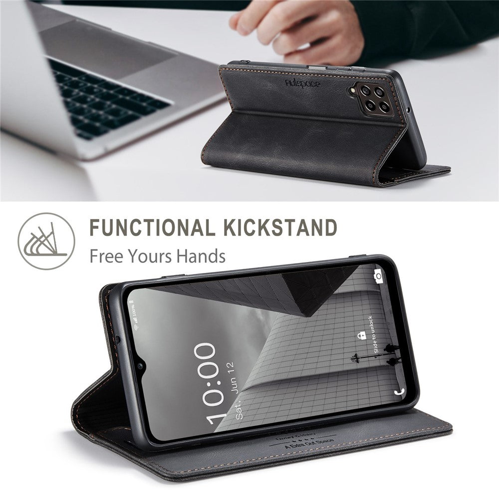 AUTSPACE A01 Series For Samsung Galaxy M33 5G (Global Version) Mobile Phone Case Bag Matte PU Leather+TPU RFID Blocking Magnetic Closure Retro Phone Cover Stand Wallet - Black