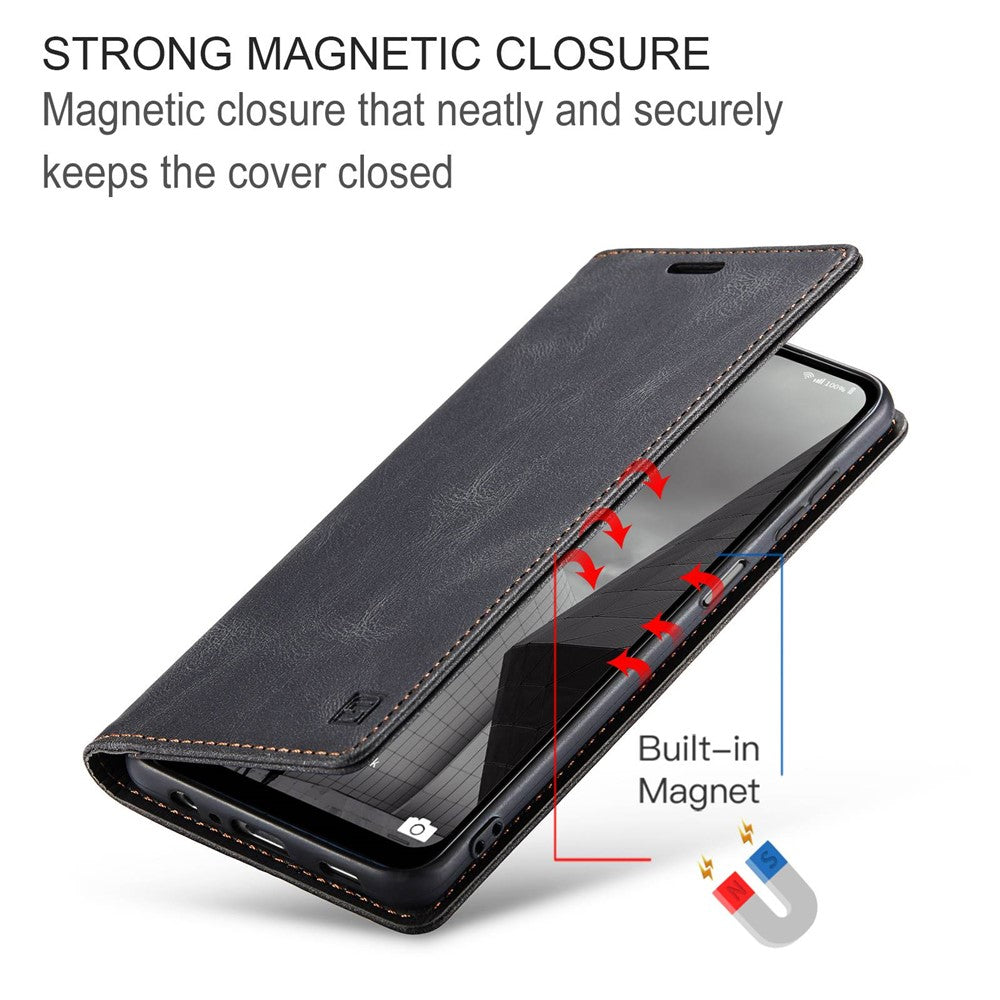 AUTSPACE A01 Series For Samsung Galaxy M33 5G (Global Version) Mobile Phone Case Bag Matte PU Leather+TPU RFID Blocking Magnetic Closure Retro Phone Cover Stand Wallet - Black
