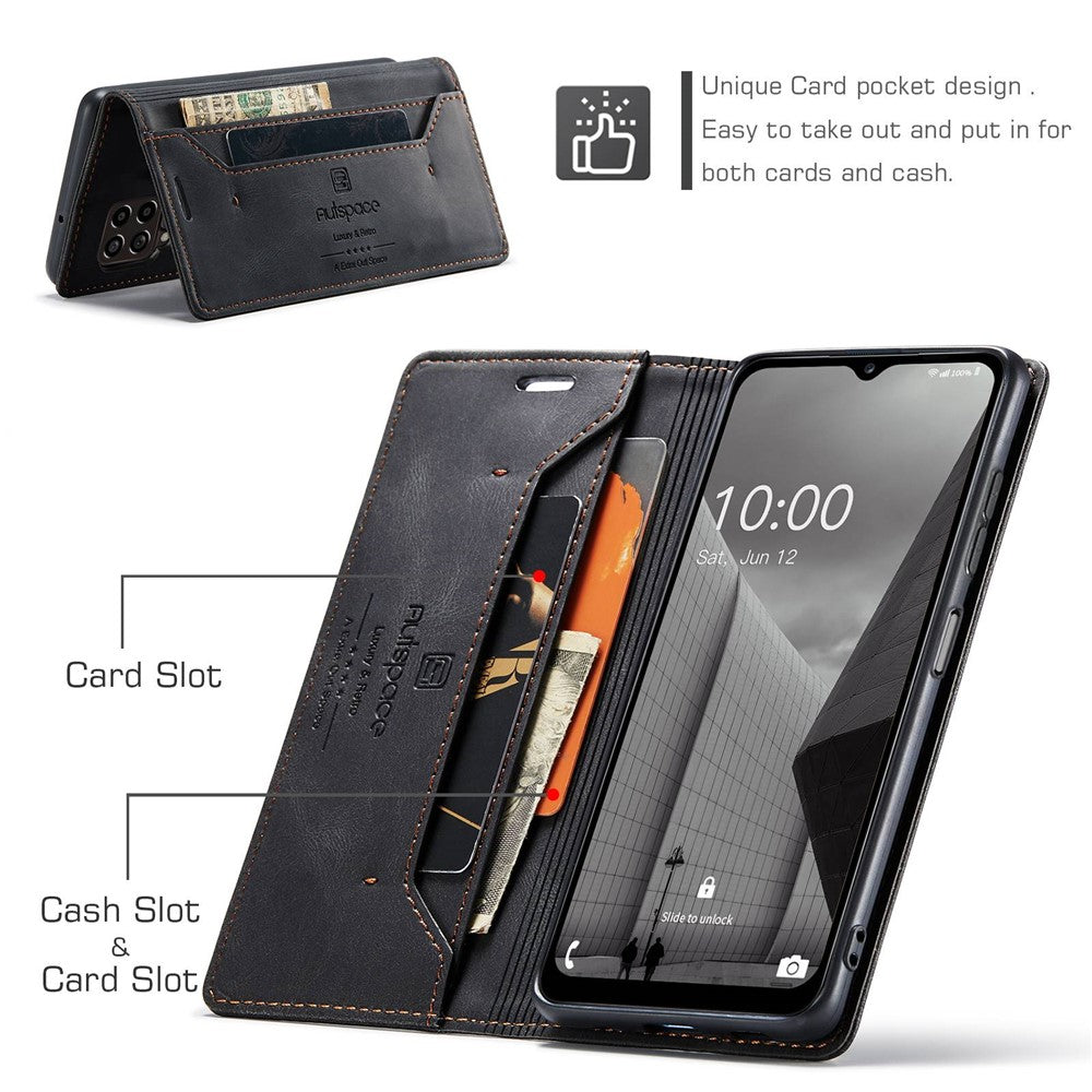 AUTSPACE A01 Series For Samsung Galaxy M33 5G (Global Version) Mobile Phone Case Bag Matte PU Leather+TPU RFID Blocking Magnetic Closure Retro Phone Cover Stand Wallet - Black