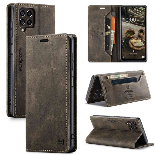 AUTSPACE A01 Series For Samsung Galaxy M33 5G (Global Version) Mobile Phone Case Bag Matte PU Leather+TPU RFID Blocking Magnetic Closure Retro Phone Cover Stand Wallet - Coffee