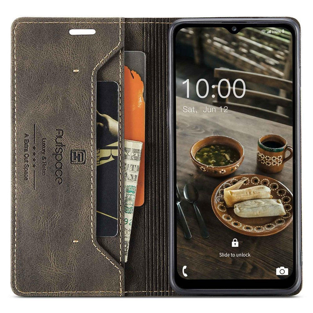 AUTSPACE A01 Series For Samsung Galaxy M33 5G (Global Version) Mobile Phone Case Bag Matte PU Leather+TPU RFID Blocking Magnetic Closure Retro Phone Cover Stand Wallet - Coffee