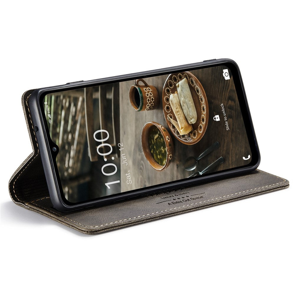 AUTSPACE A01 Series For Samsung Galaxy M33 5G (Global Version) Mobile Phone Case Bag Matte PU Leather+TPU RFID Blocking Magnetic Closure Retro Phone Cover Stand Wallet - Coffee