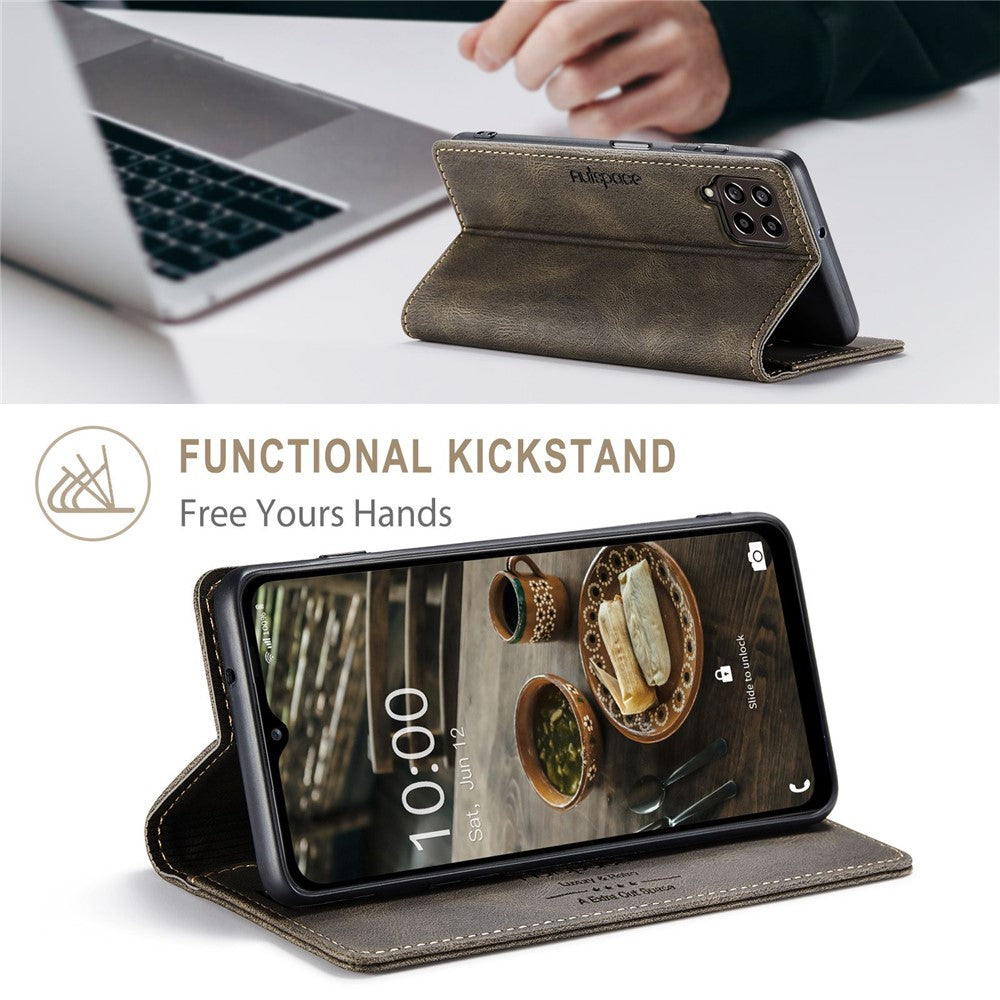 AUTSPACE A01 Series For Samsung Galaxy M33 5G (Global Version) Mobile Phone Case Bag Matte PU Leather+TPU RFID Blocking Magnetic Closure Retro Phone Cover Stand Wallet - Coffee