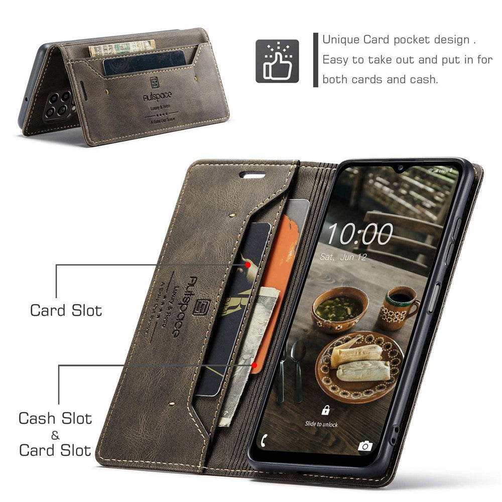 AUTSPACE A01 Series For Samsung Galaxy M33 5G (Global Version) Mobile Phone Case Bag Matte PU Leather+TPU RFID Blocking Magnetic Closure Retro Phone Cover Stand Wallet - Coffee