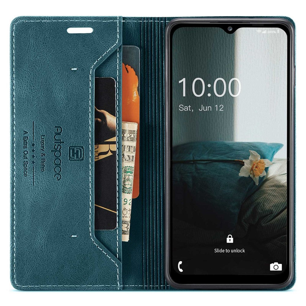 AUTSPACE A01 Series For Samsung Galaxy M33 5G (Global Version) Mobile Phone Case Bag Matte PU Leather+TPU RFID Blocking Magnetic Closure Retro Phone Cover Stand Wallet - Blue