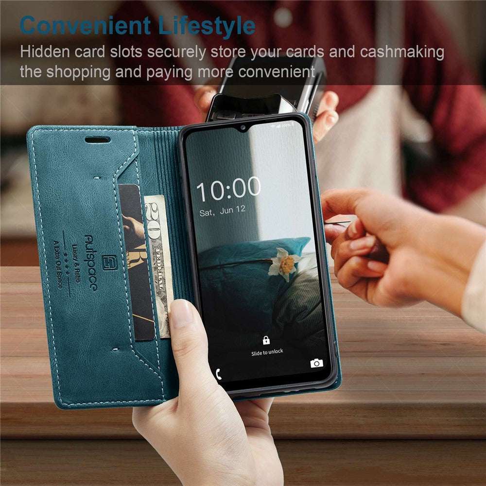 AUTSPACE A01 Series For Samsung Galaxy M33 5G (Global Version) Mobile Phone Case Bag Matte PU Leather+TPU RFID Blocking Magnetic Closure Retro Phone Cover Stand Wallet - Blue