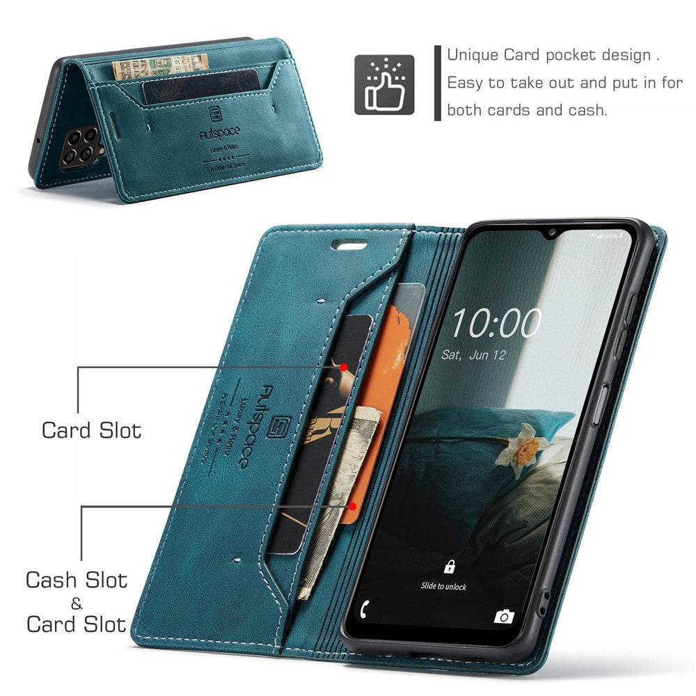 AUTSPACE A01 Series For Samsung Galaxy M33 5G (Global Version) Mobile Phone Case Bag Matte PU Leather+TPU RFID Blocking Magnetic Closure Retro Phone Cover Stand Wallet - Blue