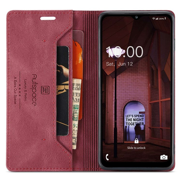 AUTSPACE A01 Series For Samsung Galaxy M33 5G (Global Version) Mobile Phone Case Bag Matte PU Leather+TPU RFID Blocking Magnetic Closure Retro Phone Cover Stand Wallet - Red