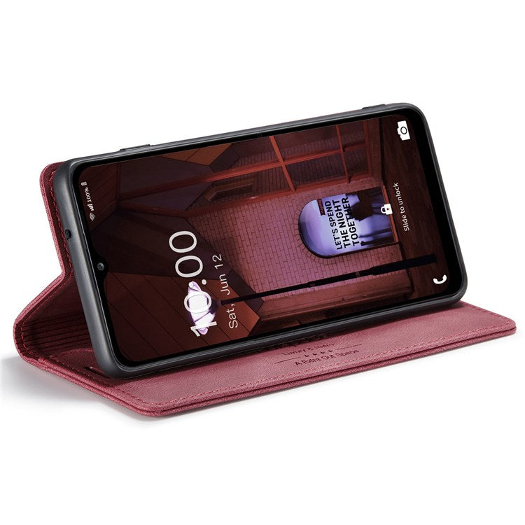AUTSPACE A01 Series For Samsung Galaxy M33 5G (Global Version) Mobile Phone Case Bag Matte PU Leather+TPU RFID Blocking Magnetic Closure Retro Phone Cover Stand Wallet - Red