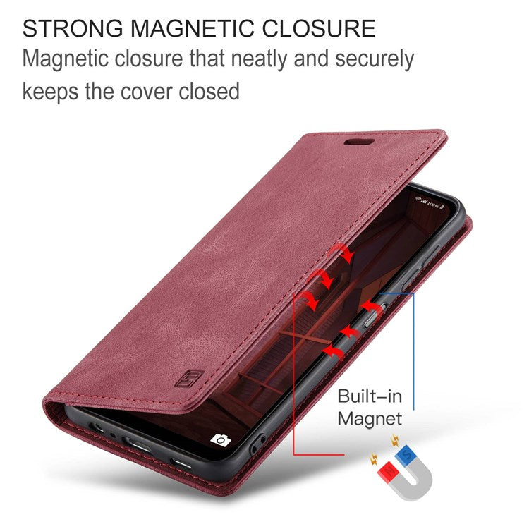 AUTSPACE A01 Series For Samsung Galaxy M33 5G (Global Version) Mobile Phone Case Bag Matte PU Leather+TPU RFID Blocking Magnetic Closure Retro Phone Cover Stand Wallet - Red