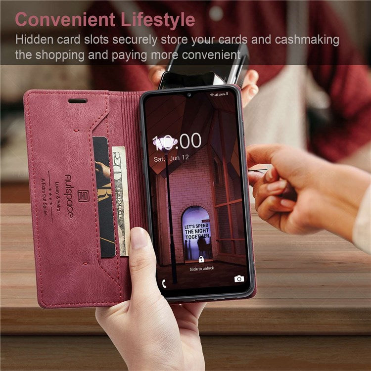 AUTSPACE A01 Series For Samsung Galaxy M33 5G (Global Version) Mobile Phone Case Bag Matte PU Leather+TPU RFID Blocking Magnetic Closure Retro Phone Cover Stand Wallet - Red