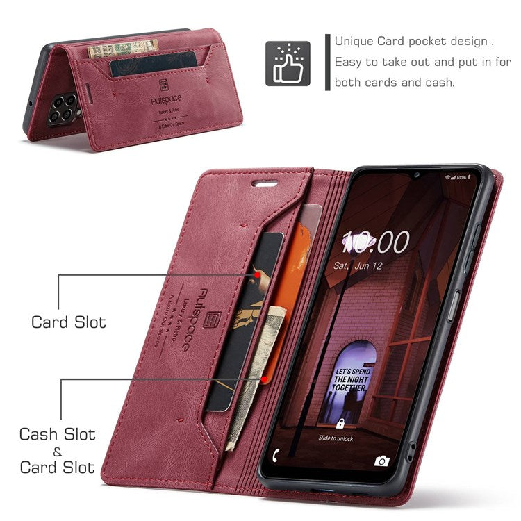 AUTSPACE A01 Series For Samsung Galaxy M33 5G (Global Version) Mobile Phone Case Bag Matte PU Leather+TPU RFID Blocking Magnetic Closure Retro Phone Cover Stand Wallet - Red