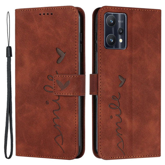 For Realme 9 Pro 5G / 9 5G / V25 Heart Shape Imprinted Phone Case Book Style PU Leather Skin-touch Feeling Wallet Stand Feature Shell with Strap - Brown