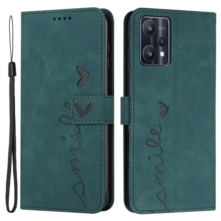 For Realme 9 Pro 5G / 9 5G / V25 Heart Shape Imprinted Phone Case Book Style PU Leather Skin-touch Feeling Wallet Stand Feature Shell with Strap - Green
