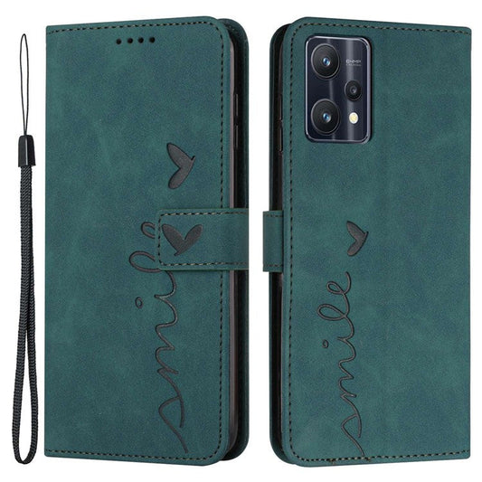 For Realme 9 Pro 5G / 9 5G / V25 Heart Shape Imprinted Phone Case Book Style PU Leather Skin-touch Feeling Wallet Stand Feature Shell with Strap - Green