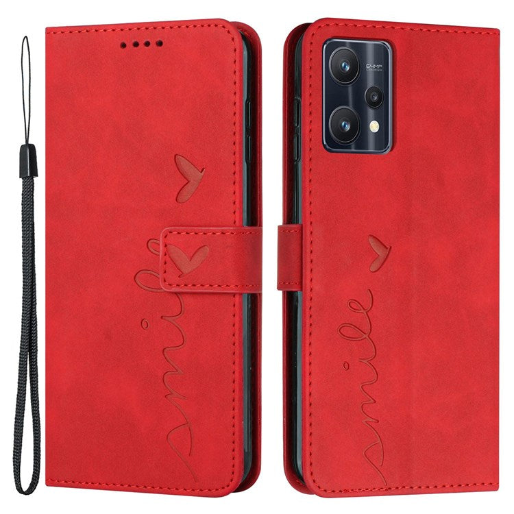 For Realme 9 Pro+ 5G Heart Shape Imprinted Phone Case PU Leather Skin-touch Feeling Wallet Horizontal Stand Feature Shell with Strap - Red