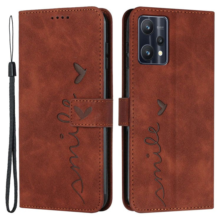 For Realme 9 Pro+ 5G Heart Shape Imprinted Phone Case PU Leather Skin-touch Feeling Wallet Horizontal Stand Feature Shell with Strap - Brown