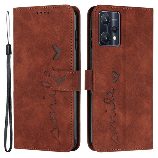 For Realme 9 Pro+ 5G Heart Shape Imprinted Phone Case PU Leather Skin-touch Feeling Wallet Horizontal Stand Feature Shell with Strap - Brown
