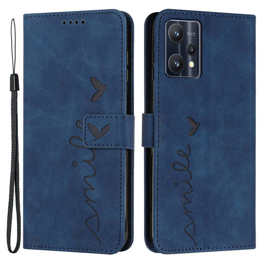 For Realme 9 Pro+ 5G Heart Shape Imprinted Phone Case PU Leather Skin-touch Feeling Wallet Horizontal Stand Feature Shell with Strap - Sapphire