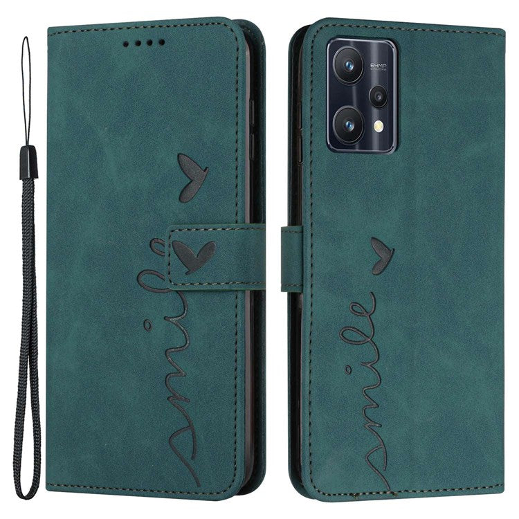 For Realme 9 Pro+ 5G Heart Shape Imprinted Phone Case PU Leather Skin-touch Feeling Wallet Horizontal Stand Feature Shell with Strap - Green