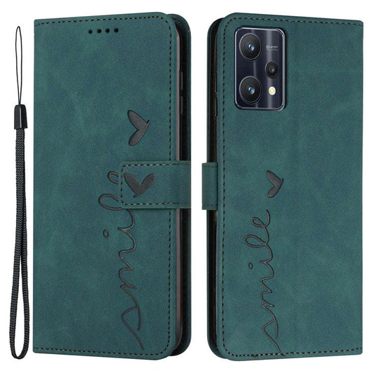 For Realme 9 Pro+ 5G Heart Shape Imprinted Phone Case PU Leather Skin-touch Feeling Wallet Horizontal Stand Feature Shell with Strap - Green