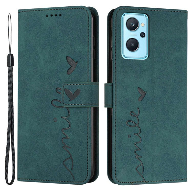 For Oppo A36/A76/K10 4G/Realme 9i Heart Shape Impact Resistant Imprinted Phone Case PU Leather Skin-touch Feeling Wallet Stand Feature Shell with Strap - Green