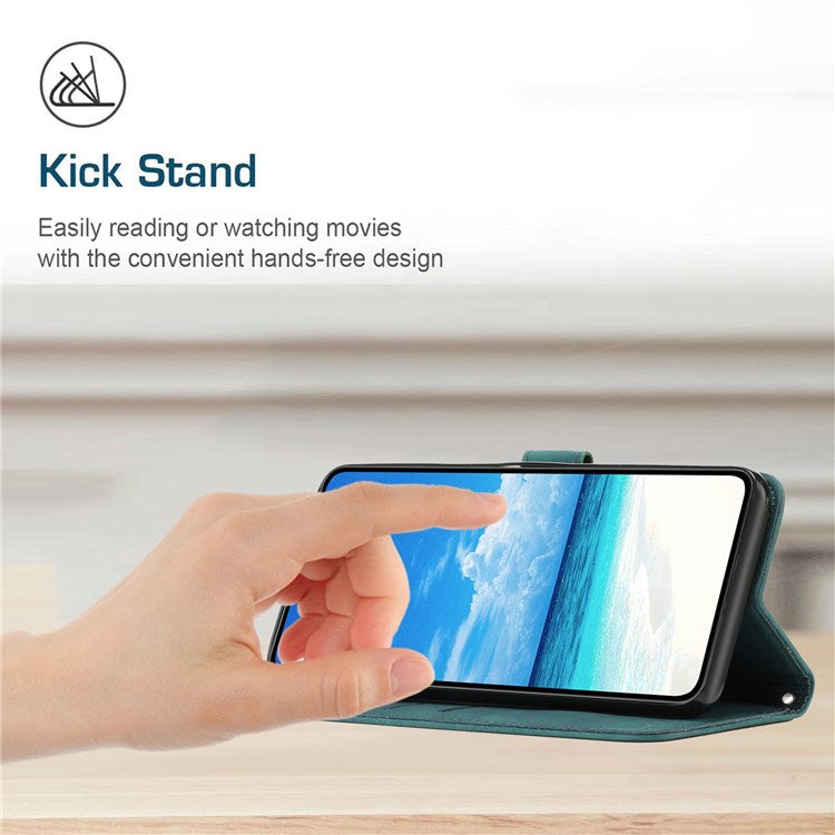 For Oppo A36/A76/K10 4G/Realme 9i Heart Shape Impact Resistant Imprinted Phone Case PU Leather Skin-touch Feeling Wallet Stand Feature Shell with Strap - Green