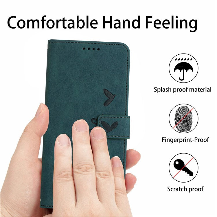 For Oppo A36/A76/K10 4G/Realme 9i Heart Shape Impact Resistant Imprinted Phone Case PU Leather Skin-touch Feeling Wallet Stand Feature Shell with Strap - Green