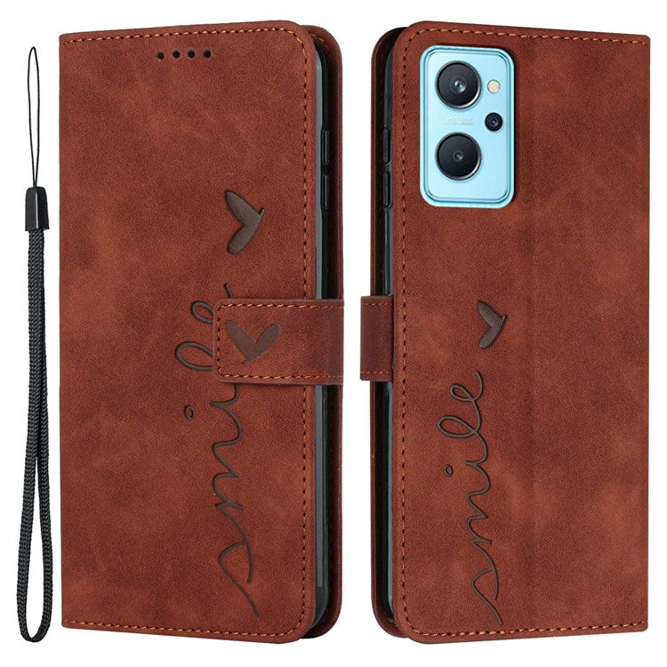 For Oppo A36/A76/K10 4G/Realme 9i Heart Shape Impact Resistant Imprinted Phone Case PU Leather Skin-touch Feeling Wallet Stand Feature Shell with Strap - Brown