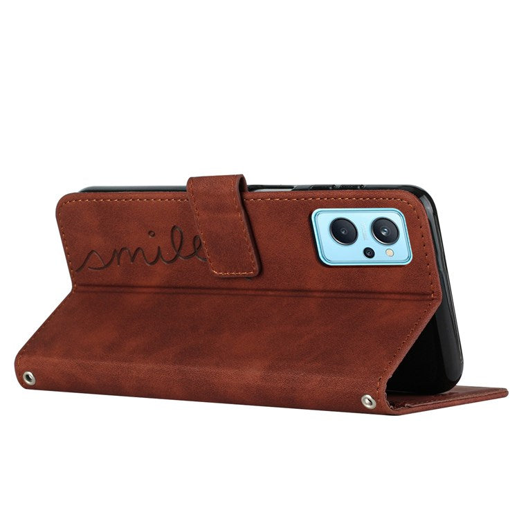 For Oppo A36/A76/K10 4G/Realme 9i Heart Shape Impact Resistant Imprinted Phone Case PU Leather Skin-touch Feeling Wallet Stand Feature Shell with Strap - Brown