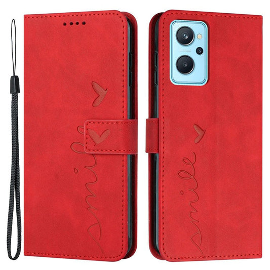 For Oppo A36/A76/K10 4G/Realme 9i Heart Shape Impact Resistant Imprinted Phone Case PU Leather Skin-touch Feeling Wallet Stand Feature Shell with Strap - Red